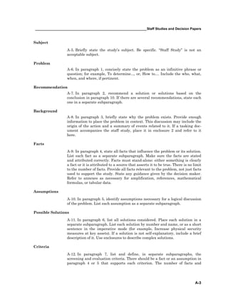 ____________________________________________________________Staff Studies and Decision Papers
A-3
Subject
A-5. Briefly state the study’s subject. Be specific. “Staff Study” is not an
acceptable subject.
Problem
A-6. In paragraph 1, concisely state the problem as an infinitive phrase or
question; for example, To determine..., or, How to.... Include the who, what,
when, and where, if pertinent.
Recommendation
A-7. In paragraph 2, recommend a solution or solutions based on the
conclusion in paragraph 10. If there are several recommendations, state each
one in a separate subparagraph.
Background
A-8. In paragraph 3, briefly state why the problem exists. Provide enough
information to place the problem in context. This discussion may include the
origin of the action and a summary of events related to it. If a tasking doc-
ument accompanies the staff study, place it in enclosure 2 and refer to it
here.
Facts
A-9. In paragraph 4, state all facts that influence the problem or its solution.
List each fact as a separate subparagraph. Make sure the facts are stated
and attributed correctly. Facts must stand-alone: either something is clearly
a fact or it is attributed to a source that asserts it to be true. There is no limit
to the number of facts. Provide all facts relevant to the problem, not just facts
used to support the study. State any guidance given by the decision maker.
Refer to annexes as necessary for amplification, references, mathematical
formulas, or tabular data.
Assumptions
A-10. In paragraph 5, identify assumptions necessary for a logical discussion
of the problem. List each assumption as a separate subparagraph.
Possible Solutions
A-11. In paragraph 6, list all solutions considered. Place each solution in a
separate subparagraph. List each solution by number and name, or as a short
sentence in the imperative mode (for example, Increase physical security
measures at key assets). If a solution is not self-explanatory, include a brief
description of it. Use enclosures to describe complex solutions.
Criteria
A-12. In paragraph 7, list and define, in separate subparagraphs, the
screening and evaluation criteria. There should be a fact or an assumption in
paragraph 4 or 5 that supports each criterion. The number of facts and
 