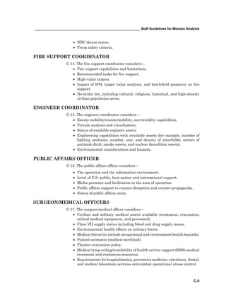 _________________________________________________________ Staff Guidelines for Mission Analysis
C-5
• NBC threat status.
• Troop safety criteria.
FIRE SUPPORT COORDINATOR
C-14. The fire support coordinator considers—
• Fire support capabilities and limitations.
• Recommended tasks for fire support.
• High-value targets.
• Impact of IPB, target value analysis, and battlefield geometry on fire
support.
• No-strike list, including cultural, religious, historical, and high-density
civilian population areas.
ENGINEER COORDINATOR
C-15. The engineer coordinator considers—
• Enemy mobility/countermobility, survivability capabilities.
• Terrain analysis and visualization.
• Status of available engineer assets.
• Engineering capabilities with available assets (for example, number of
fighting positions; number, size, and density of minefields; meters of
antitank ditch; smoke assets; and nuclear demolition assets).
• Environmental considerations and hazards.
PUBLIC AFFAIRS OFFICER
C-16. The public affairs officer considers—
• The operation and the information environment.
• Level of U.S. public, host-nation and international support.
• Media presence and facilitation in the area of operation.
• Public affairs support to counter-deception and counter-propaganda.
• Status of public affairs units.
SURGEON/MEDICAL OFFICERS
C-17. The surgeon/medical officer considers—
• Civilian and military medical assets available (treatment, evacuation,
critical medical equipment, and personnel).
• Class VII supply status including blood and drug supply issues.
• Environmental health effects on military forces.
• Medical threat (to include occupational and environment health hazards).
• Patient estimates (medical workload).
• Theater evacuation policy.
• Medical troop ceiling/availability of health service support (HSS) medical
treatment and evaluation resources.
• Requirements for hospitalization, preventive medicine, veterinary, dental,
and medical laboratory services and combat operational stress control.
 
