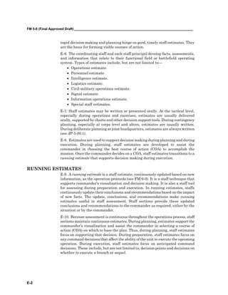 FM 5-0 (Final Approved Draft) ________________________________________________________________
E-2
rapid decision making and planning hinge on good, timely staff estimates. They
are the basis for forming viable courses of action.
E-6. The coordinating staff and each staff principal develop facts, assessments,
and information that relate to their functional field or battlefield operating
system. Types of estimates include, but are not limited to—
• Operations estimate.
• Personnel estimate.
• Intelligence estimate.
• Logistics estimate.
• Civil-military operations estimate.
• Signal estimate.
• Information operations estimate.
• Special staff estimates.
E-7. Staff estimates may be written or presented orally. At the tactical level,
especially during operations and exercises, estimates are usually delivered
orally, supported by charts and other decision support tools. During contingency
planning, especially at corps level and above, estimates are usually written.
During deliberate planning at joint headquarters, estimates are always written
(see JP 5-00.1).
E-8. Estimates are used to support decision making during planning and during
execution. During planning, staff estimates are developed to assist the
commander in choosing the best course of action (COA) to accomplish the
mission. Once the commander decides on a COA, staff estimates transitions to a
running estimate that supports decision making during execution.
RUNNING ESTIMATES
E-9. A running estimate is a staff estimate, continuously updated based on new
information, as the operation proceeds (see FM 6-0). It is a staff technique that
supports commander’s visualization and decision making. It is also a staff tool
for assessing during preparation and execution. In running estimates, staffs
continuously update their conclusions and recommendations based on the impact
of new facts. The update, conclusions, and recommendations make running
estimates useful in staff assessment. Staff sections provide these updated
conclusions and recommendations to the commander as required, either by the
situation or by the commander.
E-10. Because assessment is continuous throughout the operations process, staff
sections maintain continuous estimates. During planning, estimates support the
commander’s visualization and assist the commander in selecting a course of
action (COA) on which to base the plan. Thus, during planning, staff estimates
focus on supporting that decision. During preparation, staff estimates focus on
any command decisions that affect the ability of the unit to execute the upcoming
operation. During execution, staff estimates focus on anticipated command
decisions. These include, but are not limited to, decision points and decisions on
whether to execute a branch or sequel.
 