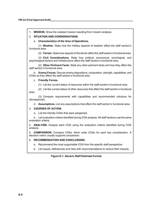 FM 5-0 (Final Approved Draft) ________________________________________________________________
E-4
Figure E-1. Generic Staff Estimate Format
1. MISSION. Show the restated mission resulting from mission analysis.
2. SITUATION AND CONSIDERATIONS.
a. Characteristics of the Area of Operations.
(1) Weather. State how the military aspects of weather affect the staff section’s
functional area.
(2) Terrain. State how aspects of the terrain affect the staff section’s functional area.
(3) Civil Considerations. State how political, economical, sociological, and
psychological factors and infrastructure affect the staff section’s functional area.
(4) Other Pertinent Facts. State any other pertinent facts and how they affect the
staff section’s functional area.
b. Enemy Forces. Discuss enemy dispositions, composition, strength, capabilities, and
COAs as they affect the staff section’s functional area.
c. Friendly Forces.
(1) List the current status of resources within the staff section’s functional area.
(2) List the current status of other resources that affect the staff section’s functional
area.
(3) Compare requirements with capabilities and recommended solutions for
discrepancies.
d. Assumptions. List any assumptions that affect the staff section’s functional area.
3. COURSES OF ACTION.
a. List the friendly COAs that were wargamed.
b. List evaluation criteria identified during COA analysis. All staff sections use the same
evaluation criteria.
4. ANALYSIS. Analyze each COA using the evaluation criteria identified during COA
analysis.
5. COMPARISON. Compare COAs. Rank order COAs for each key consideration. A
decision matrix usually supports comparison.
6. RECOMMENDATION AND CONCLUSIONS.
a. Recommend the most supportable COA from the specific staff perspective.
b. List issues, deficiencies and risks with recommendations to reduce their impacts.
 