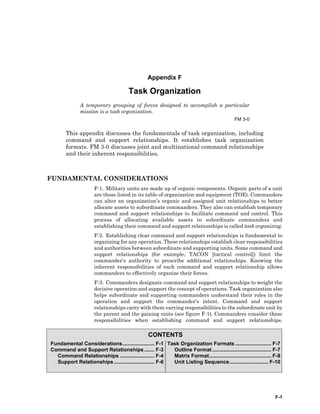 F-1
CONTENTS
Fundamental Considerations...................... F-1
Command and Support Relationships....... F-3
Command Relationships ........................ F-4
Support Relationships ............................ F-6
Task Organization Formats ......................... F-7
Outline Format......................................... F-7
Matrix Format........................................... F-9
Unit Listing Sequence........................... F-10
Appendix F
Task Organization
A temporary grouping of forces designed to accomplish a particular
mission is a task organization.
FM 3-0
This appendix discusses the fundamentals of task organization, including
command and support relationships. It establishes task organization
formats. FM 3-0 discusses joint and multinational command relationships
and their inherent responsibilities.
FUNDAMENTAL CONSIDERATIONS
F-1. Military units are made up of organic components. Organic parts of a unit
are those listed in its table of organization and equipment (TOE). Commanders
can alter an organization’s organic and assigned unit relationships to better
allocate assets to subordinate commanders. They also can establish temporary
command and support relationships to facilitate command and control. This
process of allocating available assets to subordinate commanders and
establishing their command and support relationships is called task organizing.
F-2. Establishing clear command and support relationships is fundamental to
organizing for any operation. These relationships establish clear responsibilities
and authorities between subordinate and supporting units. Some command and
support relationships (for example, TACON [tactical control]) limit the
commander’s authority to prescribe additional relationships. Knowing the
inherent responsibilities of each command and support relationship allows
commanders to effectively organize their forces.
F-3. Commanders designate command and support relationships to weight the
decisive operation and support the concept of operations. Task organization also
helps subordinate and supporting commanders understand their roles in the
operation and support the commander’s intent. Command and support
relationships carry with them varying responsibilities to the subordinate unit by
the parent and the gaining units (see figure F-1). Commanders consider these
responsibilities when establishing command and support relationships.
 