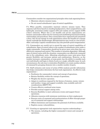 FM 5-0 ___________________________________________________________________________________
F-2
Commanders consider two organizational principles when task organizing forces:
• Maintain cohesive mission teams.
• Do not exceed subordinates’ span of control capabilities.
F-4. When possible, commanders maintain cohesive mission teams. They
organize task forces based on standing headquarters, their assigned forces, and
habitually associated combat support (CS) and combat service support (CSS)
(“slice”) elements. Where this is not feasible and ad hoc organizations are
formed, commanders allow time for training and establishing functional working
relationships and procedures. Once commanders have organized and committed
a force, they do not change its task organization unless the benefits of a change
clearly outweigh the disadvantages. Reorganizations may result in a loss of time,
effort, and tempo. Logistic considerations may also preclude quick reorganization.
F-5. Commanders are careful not to exceed the span of control capabilities of
subordinates. Span of control refers to the number of subordinate units under a
single commander. Commanders should not be given more units than they can
effectively command and control. This number is situation-dependent. Although
span of control varies with the situation, commanders can effectively command
two to five subordinate units. Allocating subordinates more units gives them
greater flexibility and increases options and combinations. However, as the
number increases, commanders, at some point, lose the ability to consider each
unit individually and begin to think of units as a single, inflexible mass. In such
circumstances, the only way to reintroduce flexibility is to create another echelon
of command by grouping elements into a smaller number of parts.
F-6. Staff estimates and course of action (COA) analysis provide information
that helps commanders determine the best task organization. An effective task
organization—
• Facilitates the commander’s intent and concept of operations.
• Retains flexibility within the concept of operations.
• Weights the decisive operation.
• Adapts to conditions imposed by the factors of mission, enemy, terrain
and weather, troops and support available, time available and civil
considerations (METT-TC).
• Creates effective combined arms teams.
• Provides mutual support among units.
• Ensures flexibility to meet unforeseen events and support future
operations.
• Allocates resources with minimum restrictions on their employment.
• Ensures unity of command and synchronization of effort through proper
use of command and support relationships.
• Offsets limitations and maximizes the potential of all forces available.
• Exploits enemy vulnerabilities.
F-7. Creating an appropriate task organization requires understanding—
• The mission, including the higher commander’s intent and concept of
operations.
 