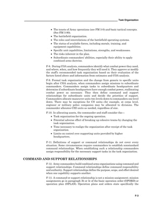 _________________________________________________________________________ Task Organization
F-3
• The tenets of Army operations (see FM 3-0) and basic tactical concepts.
(See FM 3-90).
• The battlefield organization.
• The roles and interrelations of the battlefield operating systems.
• The status of available forces, including morale, training, and
equipment capabilities.
• Specific unit capabilities, limitations, strengths, and weaknesses.
• The risks inherent in the plan.
• Subordinate commanders’ abilities, especially their ability to apply
combined arms doctrine.
F-8. During COA analysis, commanders identify what combat power they need,
and where, when, and how frequently they will need it. They approve or modify
the staff’s recommended task organization based on their evaluation of the
factors listed above and information from estimates and COA analysis.
F-9. Formal task organization and the change from generic to specific units
begin after COA analysis, when commanders assign missions to subordinate
commanders. Commanders assign tasks to subordinate headquarters and
determine if subordinate headquarters have enough combat power, reallocating
combat power as necessary. They then define command and support
relationships for subordinate units and decide the priorities of support.
Commanders allocate maneuver units two levels down to commanders one level
down. There may be exceptions for CS units—for example, at corps level,
engineer or military police companies may be allocated to divisions. The
commander allocates CSS units as needed, regardless of size.
F-10. In allocating assets, the commander and staff consider the—
• Task organization for the ongoing operation.
• Potential adverse effect of breaking up cohesive teams by changing the
task organization.
• Time necessary to realign the organization after receipt of the task
organization.
• Limits on control over supporting units provided by higher
headquarters.
F-11. Definitions of support or command relationships do not cover every
situation. Some circumstances require commanders to establish nonstandard
command relationships. When establishing such a relationship commanders
assign responsibility for the necessary support tasks in the task organization.
COMMAND AND SUPPORT RELATIONSHIPS
F-12. Army commanders build combined arms organizations using command and
support relationships. Command relationships define command responsibility
and authority. Support relationships define the purpose, scope, and effect desired
when one capability supports another.
F-13. A command or support relationship is not a mission assignment; mission
assignments go in paragraph 3b or 3c of the basic operation order (OPORD) or
operation plan (OPLAN). Operation plans and orders state specifically the
 