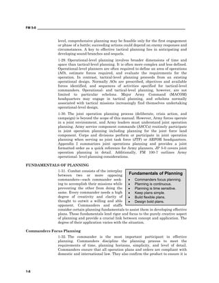 FM 5-0 ___________________________________________________________________________________
1-8
level, comprehensive planning may be feasible only for the first engagement
or phase of a battle; succeeding actions could depend on enemy responses and
circumstances. A key to effective tactical planning lies in anticipating and
developing sound branches and sequels.
1-29. Operational-level planning involves broader dimensions of time and
space than tactical-level planning. It is often more complex and less defined.
Operational-level planners are often required to define an area of operations
(AO), estimate forces required, and evaluate the requirements for the
operation. In contrast, tactical-level planning proceeds from an existing
operational design. Normally AOs are prescribed, objectives and available
forces identified, and sequences of activities specified for tactical-level
commanders. Operational- and tactical-level planning, however, are not
limited to particular echelons. Major Army Command (MACOM)
headquarters may engage in tactical planning, and echelons normally
associated with tactical missions increasingly find themselves undertaking
operational-level design.
1-30. The joint operation planning process (deliberate, crisis action, and
campaign) is beyond the scope of this manual. However, Army forces operate
in a joint environment, and Army leaders must understand joint operation
planning. Army service component commands (ASCCs) routinely participate
in joint operation planning including planning for the joint force land
component. Corps and divisions perform or participate in joint operation
planning when serving as joint task force (JTF) or ARFOR headquarters.
Appendix I summarizes joint operations planning and provides a joint
formatted order as a quick reference for Army planners. JP 5-0 covers joint
operation planning in detail. Additionally, FM 100-7 outlines Army
operational- level planning considerations.
FUNDAMENTALS OF PLANNING
1-31. Combat consists of the interplay
between two or more opposing
commanders—each commander seek-
ing to accomplish their missions while
preventing the other from doing the
same. Every commander needs a high
degree of creativity and clarity of
thought to outwit a willing and able
opponent. Commanders and staffs
consider certain planning fundamentals to assist them in developing effective
plans. These fundamentals lend rigor and focus to the purely creative aspect
of planning and provide a crucial link between concept and application. The
degree of their application varies with the situation.
Commanders Focus Planning
1-32. The commander is the most important participant in effective
planning. Commanders discipline the planning process to meet the
requirements of time, planning horizons, simplicity, and level of detail.
Commanders ensure that all operation plans and orders are compliant with
domestic and international law. They also confirm the product to ensure it is
Fundamentals of Planning
• Commanders focus planning.
• Planning is continuous.
• Planning is time sensitive.
• Keep plans simple.
• Build flexible plans.
• Design bold plans.
 