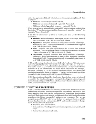__________________________________________________________________________ Plans and Orders
G-13
under the appropriate higher level attachment: for example, using Figure G-3 as
a reference—
• Additional annexes begin with the letter S.
• Additional appendixes to Annex P begin with Appendix 6.
• Additional tabs to Appendix 2 to Annex I begin with Tab D.
When an attachment required by doctrine or SOP is not necessary, indicate this
by stating, “[Type of attachment and its alphanumeric identifier] omitted”; for
example, “Annex E omitted.”
G-56. Refer to attachments by letter or number, and title. Use the following
convention:
• Annexes. Designate annexes with capital letters: for example, Annex I
(Service Support) to OPORD 02-06—52d ID (Mech).
• Appendixes. Designate appendixes with Arabic numbers: for example,
Appendix 3 (Traffic Circulation and Control) to Annex I (Service Support)
to OPORD 02-06—52d ID (Mech).
• Tabs. Designate tabs with capital letters: for example, Tab B (Road
Movement Table) to Appendix 3 (Traffic Circulation and Control) to Annex
I (Service Support) to OPORD 02-06—52d ID (Mech).
• Enclosures. Designate enclosures with Arabic numbers; for example,
enclosure 2 (Route RED Overlay) to Tab B (Road Movement Table) to
Appendix 3 (Traffic Circulation and Control) to Annex I (Service Support)
to OPORD 02-06—52d ID (Mech).
G-57. Avoid creating attachments below the level of enclosure. When these are
necessary, identify them by repeating the procedures for tabs and enclosures.
Use double letters (AA) for attachments to enclosures. Use hyphenated double
numbers (1-1) for attachments two levels below enclosures: for example,
enclosure 2-1 ([title]) to Tab BB ([title]) to enclosure 2 (Route RED Overlay) to
tab B (Road Movement Table) to Appendix 2 (Traffic Circulation and Control) to
Annex I (Service Support) to OPORD 02-06—52d ID (Mech).
G-58. If an attachment has wider distribution than the base order, or is issued
separately, the attachment requires a complete heading and acknowledgment
instructions (see Figure G-11). When attachments are distributed with the base
order, these elements are not required.
STANDING OPERATING PROCEDURES
G-59. To enhance effectiveness and flexibility, commanders standardize routine
or recurring actions not needing their personal involvement. SOPs detail how
forces execute these unit-specific techniques and procedures. Commanders
develop SOPs from doctrinal sources, applicable portions of higher headquarters
procedures, the higher commander’s guidance, and experience. They are as
complete as possible. SOPs allow new arrivals or newly attached units to quickly
become familiar with the unit’s routine. SOPs apply until commanders change
them. The benefits of SOPs include—
• Simplified, brief combat orders.
• Enhanced understanding and teamwork among commanders, staffs, and
troops.
• Standard synchronized staff drills.
 
