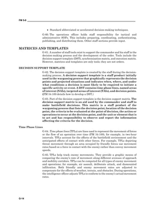 FM 5-0 ___________________________________________________________________________________
G-14
• Standard abbreviated or accelerated decision-making techniques.
G-60. The operations officer holds staff responsibility for tactical and
administrative SOPs. This includes preparing, coordinating, authenticating,
publishing, and distributing them. Other staff sections provide input.
MATRICES AND TEMPLATES
G-61. A number of staff tools exist to support the commander and his staff in the
decision-making process and the development of the order. Tools include the
decision support template (DST), synchronization matrix, and execution matrix.
However, matrices and templates are only tools; they are not orders.
DECISION SUPPORT TEMPLATE
G-62. The decision support template is created by the staff during the decision-
making process. A decision support template is a staff product initially
used in the wargaming process that graphically represents the decision
points and projected situations and indicates when, where, and under
what conditions a decision is most likely to be required to initiate a
specific activity or event. A DST contains time phase lines, named areas
of interest (NAIs), targeted areas of interest (TAIs), and decision points.
(FM 34-100 details how to develop a DST.)
G-63. Part of the decision support template is the decision support matrix. The
decision support matrix is an aid used by the commander and staff to
make battlefield decisions. This matrix is a staff product of the
wargaming process that lists the decision point, location of the decision
point, the criteria to be evaluated at the point of decision, the action or
operations to occur at the decision point, and the unit or element that is
to act and has responsibility to observe and report the information
affecting the criteria for the decision.
Time Phase Lines
G-64. Time phase lines (TPLs) are lines used to represent the movement of forces
or the flow of an operation over time (FM 34-100), for example, in two-hour
intervals. TPLs account for the effects of the battlefield environment and the
anticipated effects of contact with other forces. For example, TPLs depicting
threat movement through an area occupied by friendly forces use movement
rates based on a force in contact with the enemy rather than convoy movement
speeds.
G-65. TPLs help track enemy movements. They provide a graphic means of
comparing the enemy’s rate of movement along different avenues of approach
and mobility corridors. TPLs can be computed for all types of enemy movement
and operations; for example, air assault, deliberate attack, and dismounted
infiltration. Both friendly and enemy movement rates are adjusted to
compensate for the effects of weather, terrain, and obstacles. During operations,
the intelligence officer adjusts TPLs to conform to the enemy’s actual movement
rates.
 