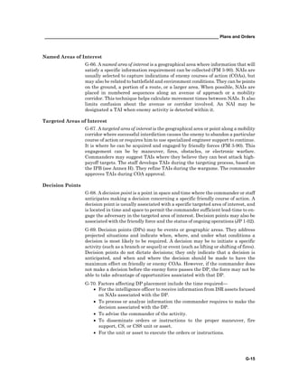 __________________________________________________________________________ Plans and Orders
G-15
Named Areas of Interest
G-66. A named area of interest is a geographical area where information that will
satisfy a specific information requirement can be collected (FM 3-90). NAIs are
usually selected to capture indications of enemy courses of action (COAs), but
may also be related to battlefield and environment conditions. They can be points
on the ground, a portion of a route, or a larger area. When possible, NAIs are
placed in numbered sequences along an avenue of approach or a mobility
corridor. This technique helps calculate movement times between NAIs. It also
limits confusion about the avenue or corridor involved. An NAI may be
designated a TAI when enemy activity is detected within it.
Targeted Areas of Interest
G-67. A targeted area of interest is the geographical area or point along a mobility
corridor where successful interdiction causes the enemy to abandon a particular
course of action or requires him to use specialized engineer support to continue.
It is where he can be acquired and engaged by friendly forces (FM 3-90). This
engagement can be by maneuver, fires, obstacles, or electronic warfare.
Commanders may suggest TAIs where they believe they can best attack high-
payoff targets. The staff develops TAIs during the targeting process, based on
the IPB (see Annex H). They refine TAIs during the wargame. The commander
approves TAIs during COA approval.
Decision Points
G-68. A decision point is a point in space and time where the commander or staff
anticipates making a decision concerning a specific friendly course of action. A
decision point is usually associated with a specific targeted area of interest, and
is located in time and space to permit the commander sufficient lead-time to en-
gage the adversary in the targeted area of interest. Decision points may also be
associated with the friendly force and the status of ongoing operations (JP 1-02).
G-69. Decision points (DPs) may be events or geographic areas. They address
projected situations and indicate when, where, and under what conditions a
decision is most likely to be required. A decision may be to initiate a specific
activity (such as a branch or sequel) or event (such as lifting or shifting of fires).
Decision points do not dictate decisions; they only indicate that a decision is
anticipated, and when and where the decision should be made to have the
maximum effect on friendly or enemy COAs. However, if the commander does
not make a decision before the enemy force passes the DP, the force may not be
able to take advantage of opportunities associated with that DP.
G-70. Factors affecting DP placement include the time required—
• For the intelligence officer to receive information from ISR assets focused
on NAIs associated with the DP.
• To process or analyze information the commander requires to make the
decision associated with the DP.
• To advise the commander of the activity.
• To disseminate orders or instructions to the proper maneuver, fire
support, CS, or CSS unit or asset.
• For the unit or asset to execute the orders or instructions.
 