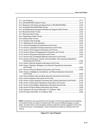 __________________________________________________________________________ Plans and Orders
G-17
G-1. List of Figures ....................................................................................................... G-17
G-2. OPLAN/OPORD Outline Format........................................................................... G-18
G-3. Sequence of Annexes and Appendixes to OPLANs/OPORDs............................. G-20
G-4. Annotated OPLAN/OPORD Format...................................................................... G-21
G-5. Annotated Service Support Plan/Service Support Order Format.......................... G-28
G-6. Movement Order Format....................................................................................... G-35
G-7. Warning Order Format.......................................................................................... G-37
G-8. Fragmentary Order Format................................................................................... G-39
G-9. Overlay Order Format........................................................................................... G-40
G-10. Overlay Order Example ...................................................................................... G-42
G-11. Attachment Format (General) ............................................................................. G-44
G-12. Annex B (Intelligence) Instructions and Format.................................................. G-47
G-13. Annex C (Operation Overlay) Instructions and Format....................................... G-49
G-14. Annex D (Fire Support) Instructions and Format ................................................ G-50
G-15. Annex E (Rules of Engagement) Instructions and Format.................................. G-53
G-16. Annex F (Engineer) Instructions and Format...................................................... G-54
G-17. Annex G (Air and Missile Defense) Instructions and Format.............................. G-57
G-18. Annex H (Command, Control, Communication, and Computer Operations)
Instructions and Format ...................................................................................... G-59
G-19. Annex I (Service Support) Instructions and Format............................................ G-61
G-20. Annex J (Nuclear, Biological, and Chemical Operations) Instructions
and Format.......................................................................................................... G-64
G-21. Annex K (Provost Marshal) Instructions and Format .......................................... G-66
G-22. Annex L (Intelligence, Surveillance, and Reconnaissance) Instructions
and Format.......................................................................................................... G-68
G-23. Annex M (Rear Area and Base Security) Instructions and Format..................... G-73
G-24. Annex N (Space) Instructions and Format.......................................................... G-75
G-25. Annex O (Army Airspace Command and Control) Instructions and Format ....... G-78
G-26. Annex P (Information Operations) Instructions and Format................................ G-79
G-27. Annex Q (Civil-Military Operations) Instructions and Format.............................. G-83
G-28. Annex R (Public Affairs) Instructions and Format............................................... G-85
G-29. Overlay to VII Corps Field Order 18, 23 March 1945.......................................... G-87
G-30 VII Corps Field Order 18, 23 March 1945............................................................ G-88
NOTE: Conventions such as the bold font and changes in the font size appearing in the headings
of annotated formats are solely for emphasis within this manual. Boldface paragraph numbers,
letters, and titles denote normal paragraph headings. Bullet lists indicate suggestions of the kinds
of items that may go in subparagraphs. These conventions are solely for emphasis within this
manual.
Figure G-1. List of Figures
 
