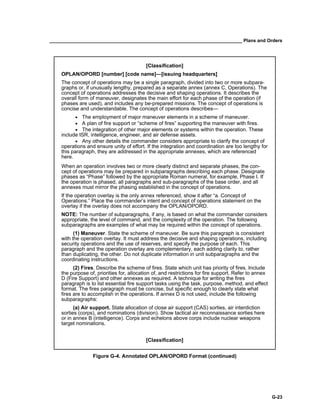 __________________________________________________________________________ Plans and Orders
G-23
[Classification]
OPLAN/OPORD [number] [code name]—[issuing headquarters]
The concept of operations may be a single paragraph, divided into two or more subpara-
graphs or, if unusually lengthy, prepared as a separate annex (annex C, Operations). The
concept of operations addresses the decisive and shaping operations. It describes the
overall form of maneuver, designates the main effort for each phase of the operation (if
phases are used), and includes any be-prepared missions. The concept of operations is
concise and understandable. The concept of operations describes—
• The employment of major maneuver elements in a scheme of maneuver.
• A plan of fire support or “scheme of fires” supporting the maneuver with fires.
• The integration of other major elements or systems within the operation. These
include ISR, intelligence, engineer, and air defense assets.
• Any other details the commander considers appropriate to clarify the concept of
operations and ensure unity of effort. If the integration and coordination are too lengthy for
this paragraph, they are addressed in the appropriate annexes, which are referenced
here.
When an operation involves two or more clearly distinct and separate phases, the con-
cept of operations may be prepared in subparagraphs describing each phase. Designate
phases as “Phase” followed by the appropriate Roman numeral, for example, Phase I. If
the operation is phased, all paragraphs and sub-paragraphs of the base order, and all
annexes must mirror the phasing established in the concept of operations.
If the operation overlay is the only annex referenced, show it after “a. Concept of
Operations.” Place the commander’s intent and concept of operations statement on the
overlay if the overlay does not accompany the OPLAN/OPORD.
NOTE: The number of subparagraphs, if any, is based on what the commander considers
appropriate, the level of command, and the complexity of the operation. The following
subparagraphs are examples of what may be required within the concept of operations.
(1) Maneuver. State the scheme of maneuver. Be sure this paragraph is consistent
with the operation overlay. It must address the decisive and shaping operations, including
security operations and the use of reserves, and specify the purpose of each. This
paragraph and the operation overlay are complementary, each adding clarity to, rather
than duplicating, the other. Do not duplicate information in unit subparagraphs and the
coordinating instructions.
(2) Fires. Describe the scheme of fires. State which unit has priority of fires. Include
the purpose of, priorities for, allocation of, and restrictions for fire support. Refer to annex
D (Fire Support) and other annexes as required. A technique for writing the fires
paragraph is to list essential fire support tasks using the task, purpose, method, and effect
format. The fires paragraph must be concise, but specific enough to clearly state what
fires are to accomplish in the operations. If annex D is not used, include the following
subparagraphs:
(a) Air support. State allocation of close air support (CAS) sorties, air interdiction
sorties (corps), and nominations (division). Show tactical air reconnaissance sorties here
or in annex B (intelligence). Corps and echelons above corps include nuclear weapons
target nominations.
[Classification]
Figure G-4. Annotated OPLAN/OPORD Format (continued)
 