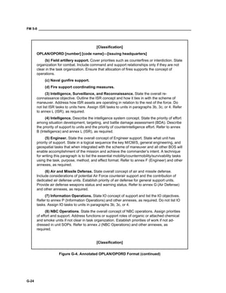 FM 5-0 ___________________________________________________________________________________
G-24
[Classification]
OPLAN/OPORD [number] [code name]—[issuing headquarters]
(b) Field artillery support. Cover priorities such as counterfires or interdiction. State
organization for combat. Include command and support relationships only if they are not
clear in the task organization. Ensure that allocation of fires supports the concept of
operations.
(c) Naval gunfire support.
(d) Fire support coordinating measures.
(3) Intelligence, Surveillance, and Reconnaissance. State the overall re-
connaissance objective. Outline the ISR concept and how it ties in with the scheme of
maneuver. Address how ISR assets are operating in relation to the rest of the force. Do
not list ISR tasks to units here. Assign ISR tasks to units in paragraphs 3b, 3c, or 4. Refer
to annex L (ISR), as required.
(4) Intelligence. Describe the intelligence system concept. State the priority of effort
among situation development, targeting, and battle damage assessment (BDA). Describe
the priority of support to units and the priority of counterintelligence effort. Refer to annex
B (Intelligence) and annex L (ISR), as required.
(5) Engineer. State the overall concept of Engineer support. State what unit has
priority of support. State in a logical sequence the key M/CM/S, general engineering, and
geospatial tasks that when integrated with the scheme of maneuver and all other BOS will
enable accomplishment of the mission and achieve the commander’s intent. A technique
for writing this paragraph is to list the essential mobility/countermobility/survivability tasks
using the task, purpose, method, and effect format. Refer to annex F (Engineer) and other
annexes, as required.
(6) Air and Missile Defense. State overall concept of air and missile defense.
Include considerations of potential Air Force counterair support and the contribution of
dedicated air defense units. Establish priority of air defense for general support units.
Provide air defense weapons status and warning status. Refer to annex G (Air Defense)
and other annexes, as required.
(7) Information Operations. State IO concept of support and list the IO objectives.
Refer to annex P (Information Operations) and other annexes, as required. Do not list IO
tasks. Assign IO tasks to units in paragraphs 3b, 3c, or 4.
(8) NBC Operations. State the overall concept of NBC operations. Assign priorities
of effort and support. Address functions or support roles of organic or attached chemical
and smoke units if not clear in task organization. Establish priorities of work if not ad-
dressed in unit SOPs. Refer to annex J (NBC Operations) and other annexes, as
required.
[Classification]
Figure G-4. Annotated OPLAN/OPORD Format (continued)
 
