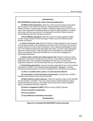 __________________________________________________________________________ Plans and Orders
G-25
[Classification]
OPLAN/OPORD [number] [code name]—[issuing headquarters]
(9) Military Police Operations. State the overall concept of military police opera-
tions in support of the scheme of maneuver. Assign priorities of effort and support.
Address functions or support roles of organic or attached military police units if it is not
clear in task organization. Establish priorities of support to EPW operations, circulation
control plan, and rear area security if not addressed in unit SOPs. Refer to annex K
(Provost Marshal) and other annexes as required.
(10) Civil-Military Operations. State the overall civil-military operation (CMO)
concept. Assign priorities of effort and support. Refer to annex Q (CMO) and other
annexes as required.
b. Tasks to maneuver units. State the missions or tasks assigned to each maneuver
unit that reports directly to the headquarters issuing the order. Every task must include a
purpose that links it to the concept of operations. Use a separate subparagraph for each
unit. Cross-reference attachments that assign them tasks. List units in task organization
sequence. Include reserves. State only tasks that are necessary for comprehension,
clarity, and emphasis. Place tasks that affect two or more units in paragraph 3d,
Coordinating Instructions.
c. Tasks to other combat and combat support units. State the missions or tasks
assigned to nonmaneuver combat units and CS units. Cross-reference attachments that
assign them tasks. Use a separate subparagraph for each unit. List units in task
organization sequence. List only those tasks that are not specified or implied elsewhere.
d. Coordinating instructions. List only instructions applicable to two or more units and
not covered in unit SOPs. This is always the last subparagraph in paragraph 3. Complex
instructions should be placed in an annex. Paragraphs 3d(1)–d(5) below are mandatory.
(1) Time or condition when a plan or an order becomes effective.
(2) Commander’s critical information requirements. List CCIR here. If CCIR is
located in other annexes, ensure they are identical.
(3) Risk reduction control measures. These are measures unique to this operation
and not included in unit SOPs. They may include mission-oriented protective posture,
operational exposure guidance, troop-safety criteria (corps only), vehicle recognition
signals, and fratricide prevention measures.
(4) Rules of engagement (ROE). Refer to annex E (ROE) if required.
(5) Environmental considerations.
(6) Force protection.
(7) Any additional coordinating instructions.
[Classification]
Figure G-4. Annotated OPLAN/OPORD Format (continued)
 