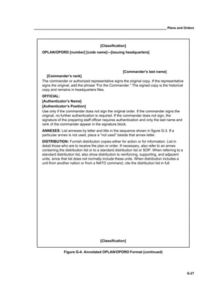 __________________________________________________________________________ Plans and Orders
G-27
[Classification]
OPLAN/OPORD [number] [code name]—[issuing headquarters]
[Commander’s last name]
[Commander’s rank]
The commander or authorized representative signs the original copy. If the representative
signs the original, add the phrase “For the Commander.” The signed copy is the historical
copy and remains in headquarters files.
OFFICIAL:
[Authenticator’s Name]
[Authenticator’s Position]
Use only if the commander does not sign the original order. If the commander signs the
original, no further authentication is required. If the commander does not sign, the
signature of the preparing staff officer requires authentication and only the last name and
rank of the commander appear in the signature block.
ANNEXES: List annexes by letter and title in the sequence shown in figure G-3. If a
particular annex is not used, place a “not used” beside that annex letter.
DISTRIBUTION: Furnish distribution copies either for action or for information. List in
detail those who are to receive the plan or order. If necessary, also refer to an annex
containing the distribution list or to a standard distribution list or SOP. When referring to a
standard distribution list, also show distribution to reinforcing, supporting, and adjacent
units, since that list does not normally include these units. When distribution includes a
unit from another nation or from a NATO command, cite the distribution list in full.
[Classification]
Figure G-4. Annotated OPLAN/OPORD Format (continued)
 