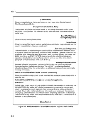 FM 5-0 ___________________________________________________________________________________
G-28
[Classification]
Place the classification at the top and bottom of every page of the Service Support
Plan/Service Support Order.
(Change from verbal orders, if any)
The phrases “No change from verbal orders” or “No change from verbal orders except
paragraph #” are required. This statement is only applicable if the commander issues a
verbal order.
Copy ## of ## copies
Issuing headquarters
Show location of issuing headquarters.
Place of issue
Show the name of the town or place in capital letters, coordinates in parentheses, and the
country in capital letters. You may encode both.
Date-time group of signature
The effective time for implementing the plan or order is the same as the date-time group
of signature unless the coordinating instructions state otherwise. Use time zone ZULU (Z)
unless the order states otherwise. When orders apply to units in different time zones, use
ZULU time. When an OPLAN/OPORD does not specify the actual time to begin an
operation, state that time in terms of an event or in terms of one of the times listed in
paragraph G-41 (for example, 0400 hours Z, D + 3).
Message reference number
Message reference numbers are internal control numbers that the unit signal officer
issues and assigns to all plans and orders. The unit SOP normally describes their
allocation and use. Using this number allows an addressee to acknowledge receiving the
message in the clear.
SERVICE SUPPORT PLAN/ORDER [number] [code name]
Plans and orders normally contain a code name and are numbered consecutively within a
calendar year.
Related OPLAN/OPORD [number] [code name] (when applicable).
References
List the maps, charts, datum, or other related documents the unit needs to understand the
OPLAN/OPORD. Do not list SOPs. Refer to maps using the map series number (and
country or geographic area, if required), sheet number and name, edition, and scale, if
required. Datum is the mathematical model of the earth used to calculate the coordinate
on any map. Different nations use different datums for printing coordinates on their maps.
The datum is usually printed in the marginal information of each map. A common datum is
essential for accurate targeting.
[Classification]
Figure G-5. Annotated Service Support Plan/Service Support Order Format
 
