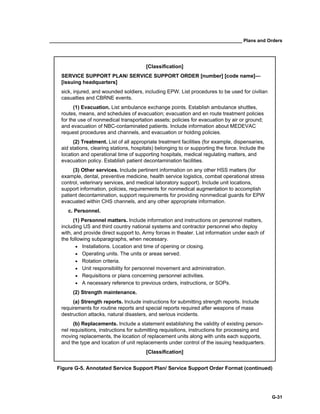 __________________________________________________________________________ Plans and Orders
G-31
[Classification]
SERVICE SUPPORT PLAN/ SERVICE SUPPORT ORDER [number] [code name]—
[issuing headquarters]
sick, injured, and wounded soldiers, including EPW. List procedures to be used for civilian
casualties and CBRNE events.
(1) Evacuation. List ambulance exchange points. Establish ambulance shuttles,
routes, means, and schedules of evacuation; evacuation and en route treatment policies
for the use of nonmedical transportation assets; policies for evacuation by air or ground;
and evacuation of NBC-contaminated patients. Include information about MEDEVAC
request procedures and channels, and evacuation or holding policies.
(2) Treatment. List of all appropriate treatment facilities (for example, dispensaries,
aid stations, clearing stations, hospitals) belonging to or supporting the force. Include the
location and operational time of supporting hospitals, medical regulating matters, and
evacuation policy. Establish patient decontamination facilities.
(3) Other services. Include pertinent information on any other HSS matters (for
example, dental, preventive medicine, health service logistics, combat operational stress
control, veterinary services, and medical laboratory support). Include unit locations,
support information, policies, requirements for nonmedical augmentation to accomplish
patient decontamination, support requirements for providing nonmedical guards for EPW
evacuated within CHS channels, and any other appropriate information.
c. Personnel.
(1) Personnel matters. Include information and instructions on personnel matters,
including US and third country national systems and contractor personnel who deploy
with, and provide direct support to, Army forces in theater. List information under each of
the following subparagraphs, when necessary.
• Installations. Location and time of opening or closing.
• Operating units. The units or areas served.
• Rotation criteria.
• Unit responsibility for personnel movement and administration.
• Requisitions or plans concerning personnel activities.
• A necessary reference to previous orders, instructions, or SOPs.
(2) Strength maintenance.
(a) Strength reports. Include instructions for submitting strength reports. Include
requirements for routine reports and special reports required after weapons of mass
destruction attacks, natural disasters, and serious incidents.
(b) Replacements. Include a statement establishing the validity of existing person-
nel requisitions, instructions for submitting requisitions, instructions for processing and
moving replacements, the location of replacement units along with units each supports,
and the type and location of unit replacements under control of the issuing headquarters.
[Classification]
Figure G-5. Annotated Service Support Plan/ Service Support Order Format (continued)
 