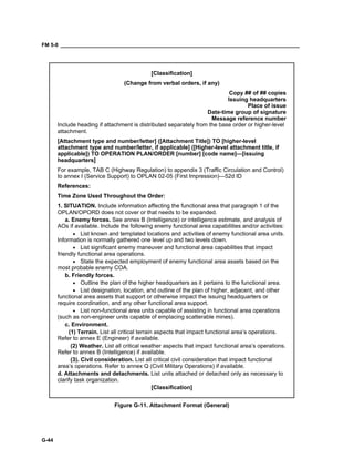 FM 5-0 ___________________________________________________________________________________
G-44
[Classification]
(Change from verbal orders, if any)
Copy ## of ## copies
Issuing headquarters
Place of issue
Date-time group of signature
Message reference number
Include heading if attachment is distributed separately from the base order or higher-level
attachment.
[Attachment type and number/letter] ([Attachment Title]) TO [higher-level
attachment type and number/letter, if applicable] ([Higher-level attachment title, if
applicable]) TO OPERATION PLAN/ORDER [number] [code name]—[issuing
headquarters]
For example, TAB C (Highway Regulation) to appendix 3 (Traffic Circulation and Control)
to annex I (Service Support) to OPLAN 02-05 (First Impression)—52d ID
References:
Time Zone Used Throughout the Order:
1. SITUATION. Include information affecting the functional area that paragraph 1 of the
OPLAN/OPORD does not cover or that needs to be expanded.
a. Enemy forces. See annex B (Intelligence) or intelligence estimate, and analysis of
AOs if available. Include the following enemy functional area capabilities and/or activities:
• List known and templated locations and activities of enemy functional area units.
Information is normally gathered one level up and two levels down.
• List significant enemy maneuver and functional area capabilities that impact
friendly functional area operations.
• State the expected employment of enemy functional area assets based on the
most probable enemy COA.
b. Friendly forces.
• Outline the plan of the higher headquarters as it pertains to the functional area.
• List designation, location, and outline of the plan of higher, adjacent, and other
functional area assets that support or otherwise impact the issuing headquarters or
require coordination, and any other functional area support.
• List non-functional area units capable of assisting in functional area operations
(such as non-engineer units capable of emplacing scatterable mines).
c. Environment.
(1) Terrain. List all critical terrain aspects that impact functional area’s operations.
Refer to annex E (Engineer) if available.
(2) Weather. List all critical weather aspects that impact functional area’s operations.
Refer to annex B (Intelligence) if available.
(3). Civil consideration. List all critical civil consideration that impact functional
area’s operations. Refer to annex Q (Civil Military Operations) if available.
d. Attachments and detachments. List units attached or detached only as necessary to
clarify task organization.
[Classification]
Figure G-11. Attachment Format (General)
 