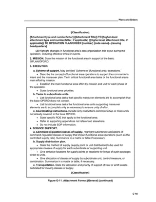 __________________________________________________________________________ Plans and Orders
G-45
[Classification]
[Attachment type and number/letter] ([Attachment Title]) TO [higher-level
attachment type and number/letter, if applicable] ([Higher-level attachment title, if
applicable]) TO OPERATION PLAN/ORDER [number] [code name]—[issuing
headquarters]
(2) Highlight changes in functional area’s task organization that occur during the
operation, including effective times or events.
2. MISSION. State the mission of the functional area in support of the basic
OPLAN/OPORD.
3. EXECUTION.
a. Scheme of support. May be titled “Scheme of (functional area) operations.”
• Describe the concept of functional area operations to support the commander’s
intent and the maneuver plan. Tie in critical functional area tasks or the functional area’s
main effort by mission.
• Establish the main functional area effort by mission and unit for each phase of
the operation.
• State functional area priorities.
b. Tasks to subordinate units.
• List functional area tasks that specific maneuver elements are to accomplish that
the base OPORD does not contain.
• List functional area tasks the functional area units supporting maneuver
elements are to accomplish only as necessary to ensure unity of effort.
c. Coordinating instructions. Include only instructions common to two or more units
not already covered in the base OPORD.
• State specific ROE that apply to the functional area.
• Refer to supporting appendixes not referenced elsewhere.
• Do not include SOP information.
4. SERVICE SUPPORT.
a. Command-regulated classes of supply. Highlight subordinate allocations of
command-regulated classes of supply that impact functional area operations (such as the
controlled supply rate). Summarize in a matrix or table if necessary.
b. Supply distribution plan.
• State the method of supply (supply point or unit distribution) to be used for
appropriate classes of supply for each subordinate or supporting unit.
• Give tentative locations for supply points or locations for linkup of push packages
direct to units.
• Give allocation of classes of supply by subordinate unit, control measure, or
combination. Summarize in a matrix or table, if necessary.
c. Transportation. State the allocation and priority of support of haul or airlift assets
dedicated for moving classes of supply.
[Classification]
Figure G-11. Attachment Format (General) (continued)
 