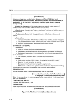 FM 5-0 ___________________________________________________________________________________
G-46
[Classification]
[Attachment type and number/letter] ([Attachment Title]) TO [higher-level
attachment type and number/letter, if applicable] ([Higher-level attachment title, if
applicable]) TO OPERATION PLAN/ORDER [number] [code name]—[issuing
headquarters]
d. Health service support. Address arrangements made for health support of
functional area units operating in forward maneuver unit areas.
e. Maintenance. State priority of support, locations of maintenance facilities, and any
relevant policies.
f. Field services. State priority of support, locations of facilities, and command
policies.
g. Host nation.
• List type and location of host nation functional area facilities, assets, or support.
• List procedures for requesting and acquiring host nation functional area support.
• Highlight any limitations or restrictions on host nation support.
5. COMMAND AND SIGNAL.
a. Command.
• State the location of key functional area leaders.
• Designate a functional area chain of command and succession of command.
• Designate a headquarters to control the effort within functional area work lines
on an area basis.
• List command posts and other C2 facilities and their locations.
b. Signal.
• State edition number of SOI in effect. Do not write “current SOI in effect.”
• Describe the nets to monitor for reports.
• Designate critical functional area reporting requirements.
• Address any functional-area-specific communications or digitization connectivity
requirements or coordination necessary to meet functional responsibilities.
ACKNOWLEDGE:
Include only when annex is distributed separately from the base order.
[Commander’s/coordinating staff officer’s last name]
[Commander’s/coordinating staff officer’s rank]
Either the commander or the coordinating staff officer responsible for the functional area
may sign attachments.
[TYPE OF ATTACHMENT]:
List lower level attachments, if any.
DISTRIBUTION:
Show only if distributed separately from the base order or higher-level attachment.
[Classification]
Figure G-11. Attachment Format (General) (continued)
 