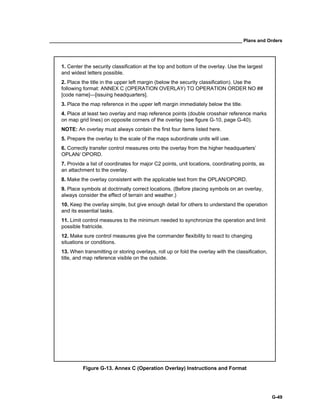 __________________________________________________________________________ Plans and Orders
G-49
1. Center the security classification at the top and bottom of the overlay. Use the largest
and widest letters possible.
2. Place the title in the upper left margin (below the security classification). Use the
following format: ANNEX C (OPERATION OVERLAY) TO OPERATION ORDER NO ##
[code name]—[issuing headquarters].
3. Place the map reference in the upper left margin immediately below the title.
4. Place at least two overlay and map reference points (double crosshair reference marks
on map grid lines) on opposite corners of the overlay (see figure G-10, page G-40).
NOTE: An overlay must always contain the first four items listed here.
5. Prepare the overlay to the scale of the maps subordinate units will use.
6. Correctly transfer control measures onto the overlay from the higher headquarters’
OPLAN/ OPORD.
7. Provide a list of coordinates for major C2 points, unit locations, coordinating points, as
an attachment to the overlay.
8. Make the overlay consistent with the applicable text from the OPLAN/OPORD.
9. Place symbols at doctrinally correct locations. (Before placing symbols on an overlay,
always consider the effect of terrain and weather.)
10. Keep the overlay simple, but give enough detail for others to understand the operation
and its essential tasks.
11. Limit control measures to the minimum needed to synchronize the operation and limit
possible fratricide.
12. Make sure control measures give the commander flexibility to react to changing
situations or conditions.
13. When transmitting or storing overlays, roll up or fold the overlay with the classification,
title, and map reference visible on the outside.
Figure G-13. Annex C (Operation Overlay) Instructions and Format
 