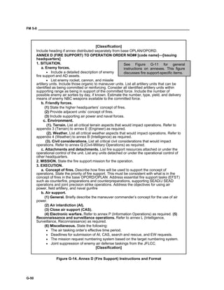 FM 5-0 ___________________________________________________________________________________
G-50
[Classification]
Include heading if annex distributed separately from base OPLAN/OPORD.
ANNEX D (FIRE SUPPORT) TO OPERATION ORDER NO## [code name]—[issuing
headquarters]
1. SITUATION.
a. Enemy forces.
• Include a detailed description of enemy
fire support and AD assets.
• List enemy rocket, cannon, and missile
artillery units. Include those organic to maneuver units. List all artillery units that can be
identified as being committed or reinforcing. Consider all identified artillery units within
supporting range as being in support of the committed force. Include the number of
possible enemy air sorties by day, if known. Estimate the number, type, yield, and delivery
means of enemy NBC weapons available to the committed force.
b. Friendly forces.
(1) State the higher headquarters’ concept of fires.
(2) Provide adjacent units’ concept of fires.
(3) Include supporting air power and naval forces.
c. Environment.
(1). Terrain. List all critical terrain aspects that would impact operations. Refer to
appendix 3 (Terrain) to annex E (Engineer) as required.
(2). Weather. List all critical weather aspects that would impact operations. Refer to
appendix 4 (Weather) to annex B (Intelligence) as required.
(3). Civil considerations. List all critical civil considerations that would impact
operations. Refer to annex Q (Civil-Military Operations) as required.
c. Attachments and detachments. List fire support resources attached or under the
operational control of the unit. List any units detached or under the operational control of
other headquarters.
2. MISSION. State the fire support mission for the operation.
3. EXECUTION.
a. Concept of fires. Describe how fires will be used to support the concept of
operations. State the priority of fire support. This must be consistent with what is in the
concept of fires in the base OPORD/OPLAN. Address essential fire support tasks (EFST)
such as counterfire, preparations and counterpreparations, supporting SEAD/J SEAD
operations and joint precision strike operations. Address the objectives for using air
power, field artillery, and naval gunfire
b. Air support.
(1) General. Briefly describe the maneuver commander’s concept for the use of air
power.
(2) Air interdiction (AI).
(3) Close air support (CAS).
(4) Electronic warfare. Refer to annex P (Information Operations) as required. (5)
Reconnaissance and surveillance operations. Refer to annex L (Intelligence,
Surveillance, Reconnaissance) as required.
(6) Miscellaneous. State the following:
• The air tasking order’s effective time period.
• Deadlines for submission of AI, CAS, search and rescue, and EW requests.
• The mission request numbering system based on the target numbering system.
• Joint suppression of enemy air defense taskings from the JFLCC.
[Classification]
Figure G-14. Annex D (Fire Support) Instructions and Format
See Figure G-11 for general
instructions on annexes. This figure
discusses fire support-specific items.
 