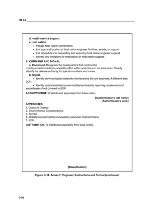 FM 5-0 ___________________________________________________________________________________
G-56
d.Health service support.
e.Host nation.
• Include host nation coordination.
• List type and location of host nation engineer facilities, assets, or support.
• List procedures for requesting and acquiring host nation engineer support.
• Identify any limitations or restrictions on host nation support.
5. COMMAND AND SIGNAL.
a. Command. Designate the headquarters that controls the
mobility/countermobility/survivability effort within work lines on an area basis. Clearly
identify the release authority for special munitions and mines.
b. Signal.
• Identify communication networks monitored by the unit engineer, if different than
SOP.
• Identify critical mobility/countermobility/survivability reporting requirements of
subordinates if not covered in SOP.
ACKNOWLEDGE: (if distributed separately from base order).
[Authenticator’s last name]
[Authenticator’s rank]
APPENDIXES:
1. Obstacle Overlay.
2. Environmental Considerations.
3. Terrain.
4. Mobility/countermobility/survivability execution matrix/timeline.
5. EOD.
DISTRIBUTION: (if distributed separately from base order).
[Classification]
Figure G-16. Annex F (Engineer) Instructions and Format (continued)
 