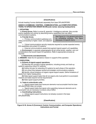 __________________________________________________________________________ Plans and Orders
G-59
[Classification]
Include heading if annex distributed separately from base OPLAN/OPORD.
ANNEX H (COMMAND, CONTROL, COMMUNICATION, and COMPUTER OPERA-
TIONS) TO OPERATION ORDER NO ## [code name]—[issuing headquarters]
1. SITUATION.
a. Enemy forces. Refer to annex B, appendix 1-Intelligence estimate. Also provide
enemy capability and activity by describing enemy capabilities that may affect
communications systems.
b. Friendly forces.
• Primary communications gateways pro-
viding connectivity to higher, lower, and adjacent
units.
• Critical communications security measures required to counter expected enemy
EW capabilities and protect C2 systems.
• External communications assets that augment signal support unit capabilities.
c. Environment. In separate subparagraphs list all critical terrain, weather, and civil
considerations that would impact C4 operations. Refer to appropriate annexes as
required.
d. Attachments and detachments.
2. MISSION. State the C4 operations mission in support of this operation.
3. EXECUTION.
a. Scheme of signal support operations.
(1) Describe the concept of signal operations, including primary and back-up
systems supporting critical C2 networks.
(2) Outline the plan for extending C2 systems by each phase of the operation.
(3) List critical links between tactical and strategic communications systems.
(4) Identify critical limitations of organic signal support assets. Define limitations of
assets from higher headquarters.
(5) State signal support tasks that all non-signal units must perform to accomplish
missions and tasks beyond normal requirements.
(6) State signal support priorities.
b. Tasks to subordinate units.
• Signal support tasks that maneuver elements must accomplish that the base
OPLAN/OPORD does not contain.
• Signal support tasks that signal units supporting maneuver elements are to
accomplish only as necessary to ensure unity of effort.
c. Coordinating instructions.
• Critical signal support instructions not already covered in the base
OPLAN/OPORD.
[Classification]
Figure G-18. Annex H (Command, Control, Communication, and Computer Operations)
Instructions and Format
See Figure G-11 for general instructions
on completing annexes. This figure
discusses C4-specific items.
 