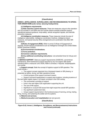 __________________________________________________________________________ Plans and Orders
G-71
[Classification]
ANNEX L (INTELLIGENCE, SURVEILLANCE, AND RECONNAISSANCE) TO OPERA-
TION ORDER NO## [code name]—[issuing headquarters]
(c) Intelligence requirements.
(3) Risk reduction control measures. These are measures unique to this operation
and not included in unit SOPs and can include mission-oriented protective posture,
operational exposure guidance, troop-safety, vehicle recognition signals, and fratricide
prevention measures.
(4) Intelligence coordination measures. These measures include the area of
intelligence responsibility, intelligence coordination line/lines, intelligence liaison
measures, and special security office arrangements and coordination that effect ISR
operations.
(5) Rules of engagement (ROE). Refer to annex E (Rules of Engagement) if
required. Include special considerations such as Intelligence Oversight and United States
SIGINT Directives (USSID).
(6) Environmental considerations.
(7) Force protection.
(8) Common collection requirements.
(9) Any additional coordinating instructions. List scheduled times for linkups and
rehearsals.
4. SERVICE SUPPORT. State any support requirements (CASEVAC, conventional
maintenance, IEW maintenance support required by any non-organic ISR assets
operating within a maneuver unit’s AOR). Refer to annexes, if required. Subparagraphs
can include:
a. Support concept. State the concept of logistics support to ISR operation. This
could include—
• The support concept organized into a framework based on ISR phasing, or
presented as before, during, and after operations format.
• A brief synopsis of the support command mission.
• Support command headquarters or support area locations, including locations of
the next higher logistic bases if not clearly conveyed in the CSS overlay.
• The commander’s priorities of support.
• Units in the next higher CSS organization supporting the unit.
• The use of HN support.
• Significant or unusual CSS issues that might impact the overall ISR operation.
• Any significant sustainment risks.
• Unique support requirements in the functional areas of manning, arming, fueling,
fixing, moving, and sustaining the soldier and his systems.
b. Materiel and services.
c. Medical evacuation and hospitalization (air and ground).
[Classification]
Figure G-22. Annex L (Intelligence, Surveillance, and Reconnaissance) Instructions
and Format (continued)
 
