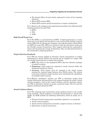 ______________________________________________ Integrating Targeting into the Operations Process
H-5
• The desired effects of each attack, expressed in terms of the targeting
objectives.
• Which HPTs require BDA.
• Which HPTs require special instructions or require coordination.
H-11. Based on the wargame, the targeting team produces the following draft
targeting products for each COA:
• HPTL.
• TSS.
• AGM.
High-Payoff Target List
H-12. The HPTL is a prioritized list of HPTs. A high-payoff target is a target
whose loss to the threat will contribute to the success of the friendly course of
action (FM 6-20-10). During the wargame, the staff determines which HVTs
are HPTs for each COA. HPTs are critical to both the adversary’s needs and
the friendly concept of operations. They support achieving the commander’s
intent and executing the concept of operations. They are determined based on
the commander’s targeting guidance.
Target Selection Standards
H-13. TSS are criteria applied to adversary activity (acquisitions or combat
information) to decide whether the activity can be engaged as a target. TSS
are usually disseminated as a matrix that includes:
• HPT. This refers to the designated HPTs that the collection manager
is tasked to acquire.
• Timeliness. Valid targets are reported to attack systems within the
designated timeliness criteria.
• Accuracy. Valid targets must be reported to the attack system
meeting the required target location error (TLE) criteria. The criteria
is the least restrictive target location error considering the capabilities
of available attack systems.
H-14. Military intelligence analysts use TSS to determine targets from
combat information and pass them to fire support elements for attack. Attack
systems managers, such as fire control elements and fire direction centers,
use TSS to determine whether to attack a potential target. The G-2 and fire
support coordinator determine TSS.
Attack Guidance Matrix
H-15. The targeting team recommends attack guidance based on the results
of the wargame. Attack guidance is normally disseminated as a matrix (the
AGM). An AGM includes the following information, listed by target set or
HPT:
• Timing of attacks (expressed as immediate, planned, or as acquired).
• Attack system assigned.
• Attack criteria (expressed as neutralize, suppress, harass, or destroy).
• Restrictions or special instructions.
 