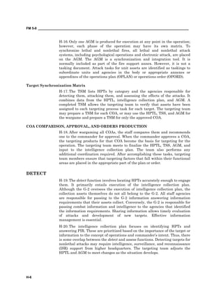 FM 5-0 ___________________________________________________________________________________
H-6
H-16. Only one AGM is produced for execution at any point in the operation;
however, each phase of the operation may have its own matrix. To
synchronize lethal and nonlethal fires, all lethal and nonlethal attack
systems, including psychological operations and electronic attack, are placed
on the AGM. The AGM is a synchronization and integration tool. It is
normally included as part of the fire support annex. However, it is not a
tasking document. Attack tasks for unit assets are identified as taskings to
subordinate units and agencies in the body or appropriate annexes or
appendixes of the operations plan (OPLAN) or operations order (OPORD).
Target Synchronization Matrix
H-17. The TSM lists HPTs by category and the agencies responsible for
detecting them, attacking them, and assessing the effects of the attacks. It
combines data from the HPTL, intelligence collection plan, and AGM. A
completed TSM allows the targeting team to verify that assets have been
assigned to each targeting process task for each target. The targeting team
may prepare a TSM for each COA, or may use the HPTL, TSS, and AGM for
the wargame and prepare a TSM for only the approved COA.
COA COMPARISON, APPROVAL, AND ORDERS PRODUCTION
H-18. After wargaming all COAs, the staff compares them and recommends
one to the commander for approval. When the commander approves a COA,
the targeting products for that COA become the basis for targeting for the
operation. The targeting team meets to finalize the HPTL, TSS, AGM, and
input to the intelligence collection plan. The team also performs any
additional coordination required. After accomplishing these tasks, targeting
team members ensure that targeting factors that fall within their functional
areas are placed in the appropriate part of the plan or order.
DETECT
H-19. The detect function involves locating HPTs accurately enough to engage
them. It primarily entails execution of the intelligence collection plan.
Although the G-2 oversees the execution of intelligence collection plan, the
collection assets themselves do not all belong to the G-2. All staff agencies
are responsible for passing to the G-2 information answering information
requirements that their assets collect. Conversely, the G-2 is responsible for
passing combat information and intelligence to the agencies that identified
the information requirements. Sharing information allows timely evaluation
of attacks and development of new targets. Effective information
management is essential.
H-20. The intelligence collection plan focuses on identifying HPTs and
answering PIR. These are prioritized based on the importance of the target or
information to the concept of operations and commander’s intent. Thus, there
is some overlap between the detect and assess functions. Detecting targets for
nonlethal attacks may require intelligence, surveillance, and reconnaissance
(ISR) support from higher headquarters. The targeting team adjusts the
HPTL and AGM to meet changes as the situation develops.
 