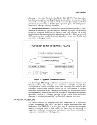 ____________________________________________________________________________ Joint Planning
I-3
planning by the Joint Strategic Capabilities Plan (JSCP). This plan relies
heavily on assumptions regarding the political and military circumstances that
may exist when the plan is implemented. Deliberate planning is conducted
principally in peacetime to develop joint operation plans for contingencies
identified in strategic planning documents.
I-7. Crisis Action Planning. Based on current events and conducted in time-
sensitive situations and emergencies using assigned, attached, and allocated
forces and resources. Crisis action planners base their plan on the actual
circumstances that exist at the time planning occurs. They follow prescribed
CAP procedures that parallel deliberate planning, yet are more flexible and
responsive to changing events.
Figure I-1. Types of Joint Operation Plans
I-8. Campaign Planning. Combatant commanders translate national and
theater strategy into strategic and operational concepts through the
development of theater campaign plans. The campaign plan embodies the
combatant commander’s strategic vision for the arrangement of related
operations necessary to attain theater strategic objectives. Campaign planning
encompasses both the deliberate and CAP processes. If the scope of contemplated
operations requires it, campaign planning begins with or during deliberate
planning. It continues through CAP, unifying both planning processes.
TYPES OF JOINT PLANS
I-9. Deliberate plans are prepared under joint procedures and in prescribed
formats such as an OPLAN, CONPLAN (with or without time-phased force and
deployment data (TPFDD)), or a functional plan. If combatant commanders
request supporting plans to their deliberate plans, they are prepared by
supporting combatant commanders, subordinate joint force commanders,
component commanders, or other agencies.
TYPES OF JOINT OPERATION PLANS
JOINT OPERATION PLANNING
DELIBERATE PLANNING
CONPLAN
with/without
TPFDD
FUNCTIONAL
PLAN
OPLAN
CRISIS ACTION PLANNING
CAMPAIGN
PLAN
OPORD
CAMPAIGN PLANNING
 