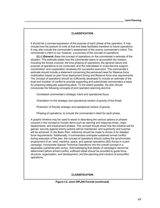 ____________________________________________________________________________ Joint Planning
I-7
CLASSIFICATION
It should be a concise expression of the purpose of each phase of the operation. It may
include how the posture of units at that end state facilitates transition to future operations.
It may also include the commander’s assessment of the enemy commander’s intent. The
commander’s intent is not, however, a summary of the concept of operations.
(2.) ( )General. Base the concept of operations on the commander’s estimate of the
situation. The estimate states how the commander plans to accomplish the mission,
including the forces involved; the time phasing of operations; the general nature and
purpose of operations to be conducted; and the interrelated or cross-Service support,
coordination, and cooperation necessary for successful execution. The commander’s
estimate should include a statement concerning the perceived need for Reserve force
mobilization based on plan force deployment timing and Reserve force size requirements.
The concept of operations should be sufficiently developed to include an estimate of the
level and duration of conflict to provide supporting and subordinate commanders a basis
for preparing adequate supporting plans. To the extent possible, the plan should
incorporate the following concepts of joint operation planning doctrine:
Combatant commander’s strategic intent and operational focus.
Orientation on the strategic and operational centers of gravity of the threat.
Protection of friendly strategic and operational centers of gravity.
Phasing of operations, to include the commander’s intent for each phase.
A graphic timeline may be used to assist in describing the various options or phases
covered in the concept to include items such as warning and response times, major
deployments, and employment phases. The concept should show how the initiative will be
gained, security against enemy actions will be maintained, and superiority and surprise
will be achieved. In the Basic Plan, reference should be made to Annex A for detailed
force requirements. Additionally, if commanders anticipate sustained armed conflict
during execution of the plan, the concept of operations should outline the synchronized
employment of air, land, maritime, space, and special operations (SO) forces in a joint
campaign. Incorporate Special Technical Operations into the overall concept in a
separately published plan annex. Acknowledging that details of campaigns cannot be
determined before armed conflict, sufficient detail should be provided to guide force
structure, organization, and development, and the planning and conduct of preconflict
operations.
CLASSIFICATION
Figure I-2. Joint OPLAN Format (continued)
 