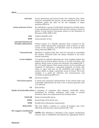 FM 5-0 ___________________________________________________________________________________
Glossary-8
end state At the operational and tactical levels, the conditions that, when
achieved, accomplish the mission. At the operational level, these
conditions attain the aims set for the campaign or major
operation (FM 3-0).
enemy prisoner of war An individual or group of individuals detained by friendly forces
in any operational environment who meet the criteria as listed in
Article 4 of the Geneva Convention relative to the Treatment of
Prisoners of War (FM 34-52).
engr engineer (graphic only)
EPW enemy prisoner of war
essential elements of
friendly information Critical aspects of a friendly operation that, if known by the
enemy, would subsequently compromise, lead to failure, or limit
success of the operation, and therefore must be protected from
enemy detection (FM 3-13).
*essential task Specified or implied tasks that must be executed to accomplish
the mission. Essential tasks are always included in the unit’s
mission statement.
event template 1) A guide for collection planning; the event template depicts the
named area of interest where activity, or its lack of activity, will
indicate which course of action the adversary has adopted (JP 1-
02). 2) A model against which enemy activity can be recorded and
compared. It represents a sequential projection of events that
relate to space and time on the battlefield and indicate the
enemy’s ability to adopt a particular course of action. The event
template is a guide for collection and reconnaissance and
surveillance planning (FM 34-1).
EW electronic warfare
*execution matrix A visual and sequential representation of the critical tasks and
responsible organizations by time or for a tactical operation used
as a staff tool.
FA field artillery
family of scatterable mines A grouping of munitions that dispense scatterable mines
(scatmines) by artillery, helicopter, fixed wing, or ground
launchers; there are antipersonnel and antitank mines.
FASCAM family of scatterable mines
FEBA forward edge of the battle area
FFIR friendly force information requirements
field of fire The area which a weapon or a group of weapons may cover
effectively with fire from a given position (JP 1-02).
fire support coordination
line (NOTE: This definition is detailed.) A fire support coordinating
measure that is established and adjusted by appropriate land or
 