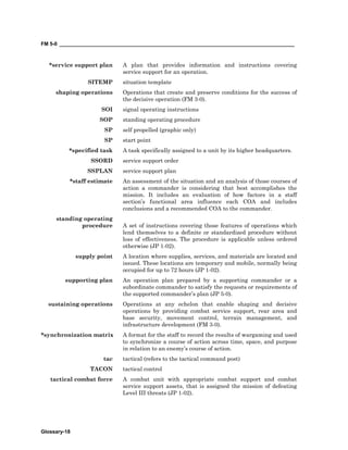 FM 5-0 ___________________________________________________________________________________
Glossary-18
*service support plan A plan that provides information and instructions covering
service support for an operation.
SITEMP situation template
shaping operations Operations that create and preserve conditions for the success of
the decisive operation (FM 3-0).
SOI signal operating instructions
SOP standing operating procedure
SP self propelled (graphic only)
SP start point
*specified task A task specifically assigned to a unit by its higher headquarters.
SSORD service support order
SSPLAN service support plan
*staff estimate An assessment of the situation and an analysis of those courses of
action a commander is considering that best accomplishes the
mission. It includes an evaluation of how factors in a staff
section’s functional area influence each COA and includes
conclusions and a recommended COA to the commander.
standing operating
procedure A set of instructions covering those features of operations which
lend themselves to a definite or standardized procedure without
loss of effectiveness. The procedure is applicable unless ordered
otherwise (JP 1-02).
supply point A location where supplies, services, and materials are located and
issued. These locations are temporary and mobile, normally being
occupied for up to 72 hours (JP 1-02).
supporting plan An operation plan prepared by a supporting commander or a
subordinate commander to satisfy the requests or requirements of
the supported commander’s plan (JP 5-0).
sustaining operations Operations at any echelon that enable shaping and decisive
operations by providing combat service support, rear area and
base security, movement control, terrain management, and
infrastructure development (FM 3-0).
*synchronization matrix A format for the staff to record the results of wargaming and used
to synchronize a course of action across time, space, and purpose
in relation to an enemy’s course of action.
tac tactical (refers to the tactical command post)
TACON tactical control
tactical combat force A combat unit with appropriate combat support and combat
service support assets, that is assigned the mission of defeating
Level III threats (JP 1-02).
 