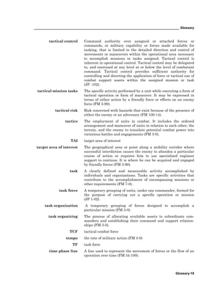 _________________________________________________________________________________ Glossary
Glossary-19
tactical control Command authority over assigned or attached forces or
commands, or military capability or forces made available for
tasking, that is limited to the detailed direction and control of
movements or maneuvers within the operational area necessary
to accomplish missions or tasks assigned. Tactical control is
inherent in operational control. Tactical control may be delegated
to, and exercised at any level at or below the level of combatant
command. Tactical control provides sufficient authority for
controlling and directing the application of force or tactical use of
combat support assets within the assigned mission or task
(JP -102).
tactical mission tasks The specific activity performed by a unit while executing a form of
tactical operation or form of maneuver. It may be expressed in
terms of either action by a friendly force or effects on an enemy
force (FM 3-90).
tactical risk Risk concerned with hazards that exist because of the presence of
either the enemy or an adversary (FM 100-14).
tactics The employment of units in combat. It includes the ordered
arrangement and maneuver of units in relation to each other, the
terrain, and the enemy to translate potential combat power into
victorious battles and engagements (FM 3-0).
TAI target area of interest
target area of interest The geographical area or point along a mobility corridor where
successful interdiction causes the enemy to abandon a particular
course of action or requires him to use specialized engineer
support to continue. It is where he can be acquired and engaged
by friendly forces (FM 3-90).
task A clearly defined and measurable activity accomplished by
individuals and organizations. Tasks are specific activities that
contribute to the accomplishment of encompassing missions or
other requirements (FM 7-0).
task force A temporary grouping of units, under one commander, formed for
the purpose of carrying out a specific operation or mission
(JP 1-02).
task organization A temporary grouping of forces designed to accomplish a
particular mission (FM 3-0).
task organizing The process of allocating available assets to subordinate com-
manders and establishing their command and support relation-
ships (FM 3-0).
TCF tactical combat force
tempo the rate of military action (FM 3-0)
TF task force
time phase line A line used to represent the movement of forces or the flow of an
operation over time (FM 34-100).
 
