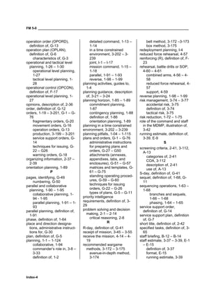 FM 5-0 ___________________________________________________________________________________
Index-4
operation order (OPORD),
definition of, G-13
operation plan (OPLAN),
definition of, G-6
characteristics of, G-3
operational and tactical level
planning, 1-26 – 1-30
operational level planning,
1-27
tactical level planning, 1-
28
operational control (OPCON),
definition of, F-17
operational level planning, 1-
27
opinions, description of, 2-36
order, definition of, G-12
orders, 1-19 – 3-201, G-1 – G-
76
fragmentary orders, G-20
movement orders, G-16
operation orders, G-13
production, 3-199 – 3-201
service support orders, G-
14
techniques for issuing, G-
22 – G26
warning orders, G-18
organizing information, 2-37 –
2-39
orientation planning, 1-89
P
pages, identifying, G-49
numbering, G-50
parallel and collaborative
planning, 1-90 – 1-95
collaborative planning, 1-
94 - 1-95
parallel planning, 1-91 – 1-
93
parallel planning, definition of,
1-91
phase, definition of, 1-64
place and direction designa-
tions, administrative instruct-
tions for, G-30
plan, definition of, G-5
planning, 1-1 – 1-124
collaborative, 1-94
commander’s role in, 3-8 –
3-33
definition of, 1-2
detailed command, 1-13 –
1-14
in a time constrained
environment, 3-202 – 3-
239
joint, I-1 – I-17
mission command, 1-15 –
1-18
parallel, 1-91 – 1-93
reverse, 1-98 – 1-99
planning activities, guides to,
1-4
planning guidance, description
of, 3-21 – 3-24
planning horizon, 1-85 – 1-89
commitment planning,
1-87
contingency planning, 1-88
definition of, 1-86
orientation planning, 1-89
planning in a time constrained
environment, 3-202 – 3-239
planning pitfalls, 1-04 – 1-115
plans and orders, G-1 – G-76
administrative instructions
for preparing plans and
orders, G-27 – G50
attachments (annexes,
appendixes, tabs, and
enclosures), G-51 – G-57
matrices and templates, G-
61 – G-75
standing operating proced-
ures, G-59 – G-60
techniques for issuing
orders, G-22 – G-26
types of plans, G-5 – G-11
priority intelligence
requirements, definition of, 3-
29
problem solving and decision
making, 2-1 – 2-14
critical reasoning, 2-8
R
R-day, definition of, G-41
receipt of mission, 3-45 – 3-55
receive the mission, 4-14 – 4-
19
recommended wargame
methods, 3-172 – 3-175
avenue-in-depth method,
3-174
belt method, 3-172 –3-173
box method, 3-175
redeployment planning, I-4
reduced force rehearsal, 4-57
reinforcing (R), definition of, F-
23
rehearsal, battle drills or SOP,
4-60 – 4-61
combined arms, 4-56 – 4-
58
reduced force rehearsal, 4-
57
support, 4-59
reverse planning, 1-98 – 1-99
risk management, 3-74 – 3-77
accidental risk, 3-75
definition of, 3-74
tactical risk, 3-75
risk reduction, 1-72 – 1-75
role of the command and staff
in the MDMP, illustration of,
3-42
running estimate, definition of,
3-39, E-9
S
screening criteria, 2-41, 3-112,
A-13
categories of, 2-41
COA, 3-112
description of, 2-41
use of, A-13
S-day, definition of, G-41
sequel, definition of, 1-68, G-
11
sequencing operations, 1-63 –
1-68
branches and sequels,
1-66 – 1-68
phasing, 1-64 – 1-65
service support order,
definition of, G-14
service support plan, definition
of, G-7
short title, definition of, 2-42
specified tasks, definition of, 3-
65
staff briefing, B-12 – B-14
staff estimate, 3-37 – 3-39, E-1
– E-15
definition of, 3-37
format, E-15
running estimate, 3-39
 