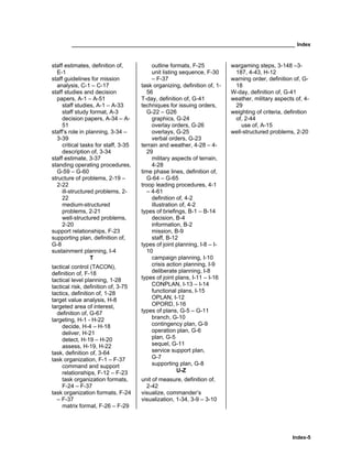 ______________________________________________________________________________ Index
Index-5
staff estimates, definition of,
E-1
staff guidelines for mission
analysis, C-1 – C-17
staff studies and decision
papers, A-1 – A-51
staff studies, A-1 – A-33
staff study format, A-3
decision papers, A-34 – A-
51
staff’s role in planning, 3-34 –
3-39
critical tasks for staff, 3-35
description of, 3-34
staff estimate, 3-37
standing operating procedures,
G-59 – G-60
structure of problems, 2-19 –
2-22
ill-structured problems, 2-
22
medium-structured
problems, 2-21
well-structured problems,
2-20
support relationships, F-23
supporting plan, definition of,
G-8
sustainment planning, I-4
T
tactical control (TACON),
definition of, F-18
tactical level planning, 1-28
tactical risk, definition of, 3-75
tactics, definition of, 1-28
target value analysis, H-8
targeted area of interest,
definition of, G-67
targeting, H-1 - H-22
decide, H-4 – H-18
deliver, H-21
detect, H-19 – H-20
assess, H-19, H-22
task, definition of, 3-64
task organization, F-1 – F-37
command and support
relationships, F-12 – F-23
task organization formats,
F-24 – F-37
task organization formats, F-24
– F-37
matrix format, F-26 – F-29
outline formats, F-25
unit listing sequence, F-30
– F-37
task organizing, definition of, 1-
56
T-day, definition of, G-41
techniques for issuing orders,
G-22 – G26
graphics, G-24
overlay orders, G-26
overlays, G-25
verbal orders, G-23
terrain and weather, 4-28 – 4-
29
military aspects of terrain,
4-28
time phase lines, definition of,
G-64 – G-65
troop leading procedures, 4-1
– 4-61
definition of, 4-2
illustration of, 4-2
types of briefings, B-1 – B-14
decision, B-4
information, B-2
mission, B-9
staff, B-12
types of joint planning, I-8 – I-
10
campaign planning, I-10
crisis action planning, I-9
deliberate planning, I-8
types of joint plans, I-11 – I-16
CONPLAN, I-13 – I-14
functional plans, I-15
OPLAN, I-12
OPORD, I-16
types of plans, G-5 – G-11
branch, G-10
contingency plan, G-9
operation plan, G-6
plan, G-5
sequel, G-11
service support plan,
G-7
supporting plan, G-8
U-Z
unit of measure, definition of,
2-42
visualize, commander’s
visualization, 1-34, 3-9 – 3-10
wargaming steps, 3-148 –3-
187, 4-43, H-12
warning order, definition of, G-
18
W-day, definition of, G-41
weather, military aspects of, 4-
29
weighting of criteria, definition
of, 2-44
use of, A-15
well-structured problems, 2-20
 