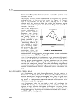 FM 5-0 ___________________________________________________________________________________
1-24
Time
Reverse planning
Current
Situation
Envisioned
end state
Intermediate Goals
Figure 1-8. Reverse Planning
than as a specific objective. Forward planning answers the question, where
can we get to next?
1-98. Reverse planning involves starting with the envisioned end state and
working backward in time toward the present (see Figure 1-8). Planners
begin by identifying the last step, the next-to-last step, and so on. They
continue until they reach the step that begins the operation. Reverse
planning focuses on the long-term goal. It answers the question, where do we
eventually want to get?
1-99. To plan effectively in
reverse, commanders re-
quire a clear and relatively
permanent goal; alterna-
tively, they may define the
goal broadly enough to
provide a valid point of ref-
erence, regardless of how
the situation may develop.
Consequently, effective re-
verse planning is possible
only in relatively predict-
able situations. For exam-
ple, given a fixed deadline,
commanders often use
reverse planning to allocate
preparation time. Reverse planning is common at lower tactical echelons and
is an important aspect of TLP (see Chapter 4).
1-100. Of the two methods, forward planning is the more natural because it
is consistent with the direction time moves and the way humans act. Reverse
planning is more difficult because it proceeds opposite to the way humans
naturally think and act and because goals in military operations change over
the long term. In practice, planning effectively often means combining the
two methods, using forward planning to provide an idea of what is feasible in
the short term and reverse planning to provide a point of aim over the long
term.
ONE-THIRD/TWO-THIRDS RULE
1-101. Commanders and staffs often underestimate the time required for
directives to pass through the echelons of an organization. Effective planning
demands issuing timely plans to subordinates. Timely plans are those issued
soon enough to allow subordinates enough time to plan, issue their orders,
and prepare for the operations. Few factors are more important than giving
subordinates enough time to prepare.
1-102. Commanders follow the “one-third/two-thirds rule” to allocate time
available for planning and preparation: they use one-third of the time
available for their planning and allocate the remaining two-thirds to their
subordinates. However, modern information systems and parallel and
collaborative planning techniques can enable commanders to obtain more of a
one-fifth/four-fifths planning ratio.
 