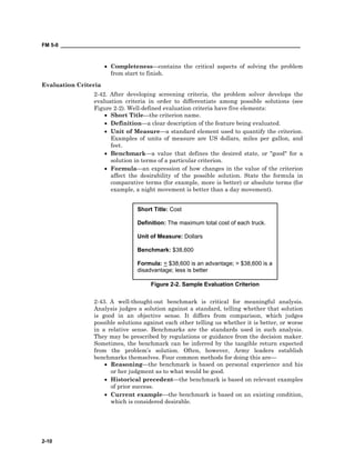 FM 5-0 ___________________________________________________________________________________
2-10
Short Title: Cost
Definition: The maximum total cost of each truck.
Unit of Measure: Dollars
Benchmark: $38,600
Formula: < $38,600 is an advantage; > $38,600 is a
disadvantage; less is better
Figure 2-2. Sample Evaluation Criterion
• Completeness—contains the critical aspects of solving the problem
from start to finish.
Evaluation Criteria
2-42. After developing screening criteria, the problem solver develops the
evaluation criteria in order to differentiate among possible solutions (see
Figure 2-2). Well-defined evaluation criteria have five elements:
• Short Title—the criterion name.
• Definition—a clear description of the feature being evaluated.
• Unit of Measure—a standard element used to quantify the criterion.
Examples of units of measure are US dollars, miles per gallon, and
feet.
• Benchmark—a value that defines the desired state, or "good" for a
solution in terms of a particular criterion.
• Formula—an expression of how changes in the value of the criterion
affect the desirability of the possible solution. State the formula in
comparative terms (for example, more is better) or absolute terms (for
example, a night movement is better than a day movement).
2-43. A well-thought-out benchmark is critical for meaningful analysis.
Analysis judges a solution against a standard, telling whether that solution
is good in an objective sense. It differs from comparison, which judges
possible solutions against each other telling us whether it is better, or worse
in a relative sense. Benchmarks are the standards used in such analysis.
They may be prescribed by regulations or guidance from the decision maker.
Sometimes, the benchmark can be inferred by the tangible return expected
from the problem’s solution. Often, however, Army leaders establish
benchmarks themselves. Four common methods for doing this are—
• Reasoning—the benchmark is based on personal experience and his
or her judgment as to what would be good.
• Historical precedent—the benchmark is based on relevant examples
of prior success.
• Current example—the benchmark is based on an existing condition,
which is considered desirable.
 