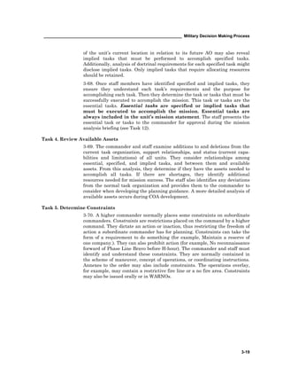 ____________________________________________________________ Military Decision Making Process
3-19
of the unit’s current location in relation to its future AO may also reveal
implied tasks that must be performed to accomplish specified tasks.
Additionally, analysis of doctrinal requirements for each specified task might
disclose implied tasks. Only implied tasks that require allocating resources
should be retained.
3-68. Once staff members have identified specified and implied tasks, they
ensure they understand each task’s requirements and the purpose for
accomplishing each task. Then they determine the task or tasks that must be
successfully executed to accomplish the mission. This task or tasks are the
essential tasks. Essential tasks are specified or implied tasks that
must be executed to accomplish the mission. Essential tasks are
always included in the unit’s mission statement. The staff presents the
essential task or tasks to the commander for approval during the mission
analysis briefing (see Task 12).
Task 4. Review Available Assets
3-69. The commander and staff examine additions to and deletions from the
current task organization, support relationships, and status (current capa-
bilities and limitations) of all units. They consider relationships among
essential, specified, and implied tasks, and between them and available
assets. From this analysis, they determine if they have the assets needed to
accomplish all tasks. If there are shortages, they identify additional
resources needed for mission success. The staff also identifies any deviations
from the normal task organization and provides them to the commander to
consider when developing the planning guidance. A more detailed analysis of
available assets occurs during COA development.
Task 5. Determine Constraints
3-70. A higher commander normally places some constraints on subordinate
commanders. Constraints are restrictions placed on the command by a higher
command. They dictate an action or inaction, thus restricting the freedom of
action a subordinate commander has for planning. Constraints can take the
form of a requirement to do something (for example, Maintain a reserve of
one company.). They can also prohibit action (for example, No reconnaissance
forward of Phase Line Bravo before H-hour). The commander and staff must
identify and understand these constraints. They are normally contained in
the scheme of maneuver, concept of operations, or coordinating instructions.
Annexes to the order may also include constraints. The operations overlay,
for example, may contain a restrictive fire line or a no fire area. Constraints
may also be issued orally or in WARNOs.
 
