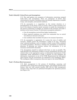 FM 5-0 ___________________________________________________________________________________
3-20
Task 6. Identify Critical Facts and Assumptions
3-71. The staff gathers two categories of information concerning assigned
tasks—facts and assumptions. Facts are statements of known data
concerning the situation, including enemy and friendly dispositions, available
troops, unit strengths, and materiel readiness.
3-72. An assumption is a supposition on the current situation or a
presupposition on the future course of events, either or both assumed to be
true in the absence of positive proof, necessary to enable the commander in
the process of planning to complete an estimate of the situation and make a
decision on the course of action. To determine assumptions, planners—
• List all assumptions received from higher headquarters.
• State expected conditions over which the commander has no control
but which are relevant to the plan.
• List conditions that invalidate the plan or its concept of operations.
3-73. An assumption is appropriate if it meets the tests of validity and
necessity. Validity means the assumption is likely to be true. “Assuming
away” potential problems, such as weather or likely enemy COAs, produces
an invalid assumption. Necessity is whether the assumption is essential for
planning. If planning can continue without the assumption, it is not
necessary and should be discarded.
3-74. Assumptions should be replaced with facts as soon as possible. The
staff identifies the information needed to convert assumptions into facts and
submits them to the appropriate agency as information requirements. If the
commander needs information to make a decision, he may designate the
information requirement as one of his CCIR. Requirements for information
about threats and the environment are submitted to the intelligence officer.
The intelligence officer incorporates them into input to the initial ISR plan.
Task 7. Perform Risk Assessment
3-75. Risk management is the process of identifying, assessing, and
controlling risks arising from operational factors, and making decisions that
balance risk cost with mission benefits (FM 100-14). Risk management
consists of five steps that are performed throughout the operations process
(see Figure 3-6).
 
