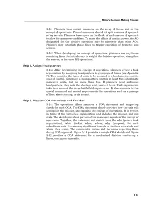 ____________________________________________________________ Military Decision Making Process
3-37
3-141. Planners base control measures on the array of forces and on the
concept of operations. Control measures should not split avenues of approach
or key terrain. Planners leave space on the flanks of each avenue of approach
to allow for maneuver and fires. To mass the effects of combat power, the AO
designated for the decisive operation may be narrower than other AOs.
Planners may establish phase lines to trigger execution of branches and
sequels.
3-142. When developing the concept of operations, planners use any forces
remaining from the initial array to weight the decisive operation, strengthen
the reserve, or increase ISR operations.
Step 5. Assign Headquarters
3-143. After determining the concept of operations, planners create a task
organization by assigning headquarters to groupings of forces (see Appendix
F). They consider the types of units to be assigned to a headquarters and its
span of control. Generally, a headquarters controls at least two subordinate
maneuver units, but not more than five. If planners need additional
headquarters, they note the shortage and resolve it later. Task organization
takes into account the entire battlefield organization. It also accounts for the
special command and control requirements for operations such as a passage
of lines, river crossing, or air assault.
Step 6. Prepare COA Statements and Sketches
3-144. The operations officer prepares a COA statement and supporting
sketch for each COA. The COA statement clearly portrays how the unit will
accomplish the mission and explains the concept of operations. It is written
in terms of the battlefield organization and includes the mission and end
state. The sketch provides a picture of the maneuver aspects of the concept of
operations. Together, the statement and sketch cover the who (generic task
organization), what (tasks), when, where, why (purpose), for each
subordinate unit. It states any significant hazards to the force as a whole and
where they occur. The commander makes risk decisions regarding them
during COA approval. Figure 3-11 provides a sample COA sketch and Figure
3-12 provides a COA statement for a mechanized division conducting a
linear, contiguous operation.
 
