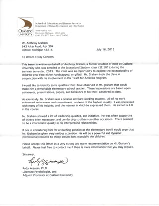 Oakland University Recommendation Letter Dr Yezman