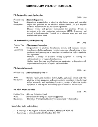  
 
CURRICULUM VITAE OF PERSONAL
  PT. Perkasa Heavyndo Engineering  
2005 – 2010
  Position Title   : Electric Supervisor
  Work
Description 
: Operational responsibility in electrical distribution power and controlled
engine and generator set in statistical process control (SPC) as required
electrical distribution for the production department.
Planned routine and periodic maintenance the electrical devices in
accordance with total productive maintenance (TPM) department and
control its implementation. Control stock minimum spare part and keep
minimal total break down.
       
  PT. Perkasa Heavyndo Engineering  
2001 – 2005
Position Title   : Maintenance Supervisor
Work
Description 
:  Responsibility in electrical Installations, repairs, and maintains motors,
transformers, lights, appliances, circuits, wiring, and other electrical system
equipment and components in compliance with electrical codes, standards,
and regulations. 
Operates a variety of electrical testing equipment in locating and
determining types of electrical malfunctions. 
Studies plans, drawings, specifications, and work orders to determine work
requirement and sequence of repairs and installations. 
 
PT. Samwha Indonesia  
1999 - 2001
  Position Title   : Maintenance Supervisor
       
  Work
Description 
: Installs, repairs, and maintains motors, lights, appliances, circuits and other
electrical system equipment and components in compliance with electrical
codes, standards, and regulations.Operates a variety of electrical testing
equipment in locating and determining types of electrical malfunctions. 
 
  PT. Nusa Raya Electrindo  
1996 - 1998
  Position Title   : Electric Technition Panel
  Work
Description 
: Installation of wirring and electrical appliance
Electrition Wirring Panel Control Coordinator and Technition Site
       
 
Knowledge, Skills and Abilities:
 
- Knowledge of All program Windows, MS Office, MS Project, AutoCad  
- Knowledge of International Quality Standard (ISO 9001) 
 