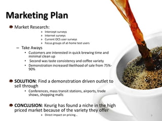 Marketing Plan
9
Market Research:
» Intercept surveys
» Internet surveys
» Current OCS user surveys
» Focus groups of at-home test users
– Take Aways
• Customers are interested in quick brewing time and
minimal clean up
• Second was taste consistency and coffee variety
• Demonstration increased likelihood of sale from 75%-
90%
SOLUTION: Find a demonstration driven outlet to
sell through
• Conferences, mass transit stations, airports, trade
shows, shopping malls
CONCLUSION: Keurig has found a niche in the high
priced market because of the variety they offer
» Direct impact on pricing…
 