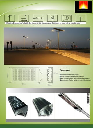 Effective/Economic/Reliable Environmental Sustainable Solutions in Innovative Leadership
622mm
80mm
Φ61mm
315mm
LEDLIGHTING
Advantages
Aluminum die casting shade
Slice made radiating ﬁn high eﬃency
Flat tempered glass safe and high transparency
Aluminum reﬂector gathering more illumination
Required values according to class ME4b:
≥ 0.75 ≥ 0.4 ≥ 0.5 ≤ 15
Fulfilled/Not fulfilled:
Page 11
Page 9
Page 9
 