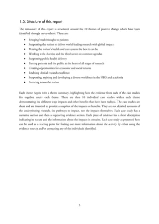 1.5. Structure of this report
The remainder of this report is structured around the 10 themes of positive change which have been
identified through our synthesis. These are:
• Bringing breakthroughs to patients
• Supporting the nation to deliver world-leading research with global impact
• Making the nation’s health and care system the best it can be
• Working with charities and the third sector on common agendas
• Supporting public health delivery
• Putting patients and the public at the heart of all stages of research
• Creating opportunities for economic and social returns
• Enabling clinical research excellence
• Supporting, training and developing a diverse workforce in the NHS and academia
• Investing across the nation
Each theme begins with a theme summary, highlighting how the evidence from each of the case studies
fits together under each theme. There are then 10 individual case studies within each theme
demonstrating the different ways impacts and other benefits that have been realised. The case studies are
short and are intended to provide a snapshot of the impacts or benefits. They are not detailed accounts of
the underpinning research, the pathways to impact, nor the impacts themselves. Each case study has a
narrative section and then a supporting evidence section. Each piece of evidence has a short description
indicating its nature and the information about the impacts it contains. Each case study as presented here
can be used as a starting point for finding out more information about the activity by either using the
evidence sources and/or contacting any of the individuals identified.
5
 