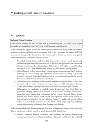 9. Enabling clinical research excellence
9.1. Summary
Informed. Clinical. Excellent.
NIHR connects academia, the NHS and other parts of the healthcare system. This enables NIHR to fund
world-class early translational research and provide a rapid response to research priorities.
NIHR funding and support increases the national research infrastructure in the NHS and resources
available to researchers and clinicians. It provides the facilities and environment for academic and NHS
researchers to leverage further funding from other partners, such as charities and industry. Examples of
NIHR impact through collaborative structures include:
• Biomedical Research Centres and Biomedical Research Units increase research capacity and
capabilities by providing research infrastructure in the NHS and opportunities for research and
clinical personnel to develop multidisciplinary skills, with over £918 million in research funding
leveraged in 2014/15 from NIHR’s charity, industry and public research funding partners.
• Clinical Research Facilities are providing a purpose-built environment equipped with the latest
technology to conduct cutting edge experimental medicine research, leading to promising
innovative treatments, devices and diagnostics, such as a new ultrasound technique for treating
bone cancer, which alleviates pain almost immediately.
• NIHR’s BioResource provides a database of public and patient volunteers willing to participate
in research trials and studies with a view to having an impact on health and healthcare. To date,
75,000 individuals have signed up to BioResource and are available to participate in studies.
• Collaborations for Leadership in Applied Health Research and Care (CLAHRCs) are
partnerships bringing together local providers of NHS services and NHS commissioners,
universities, other relevant local organisations and the relevant Academic Health Science
Network that conduct applied health research and implement evidence-based solutions to
improve health. An example is the My Medication Passport – a booklet and app that holds a
register of an individual’s medication and other details – which empowers patients and helps
them to inform medical professionals about their own medical history.
NIHR also provides funding for rare diseases and niche areas. Collaborations targeting early translational
(that is, experimental medicine) research on specific diseases include the following:
• NIHR’s Translational Research Partnerships create frameworks for national coordination to
meet therapeutic needs in special areas, including a collaboration with Novartis that could lead
185
 