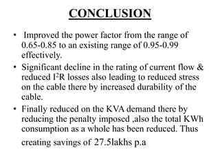 CONCLUSION
• Improved the power factor from the range of
0.65-0.85 to an existing range of 0.95-0.99
effectively.
• Significant decline in the rating of current flow &
reduced I2R losses also leading to reduced stress
on the cable there by increased durability of the
cable.
• Finally reduced on the KVA demand there by
reducing the penalty imposed ,also the total KWh
consumption as a whole has been reduced. Thus
creating savings of 27.5lakhs p.a
 
