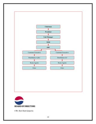 BOARDOFDIRECTORS
• Mr. Ravi Kant Jaipuria
Chairman
President
Unit Manager
TDM
ADC
Customer Executive Customer Executive
Distributers A,B,C
Route Agents
Distributers E,F
Route Agents
Helper Helper
19
 