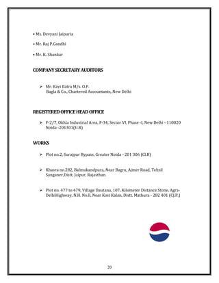 • Ms. Devyani Jaipuria
• Mr. Raj P.Gandhi
• Mr. K. Shankar
COMPANYSECRETARYAUDITORS
 Mr. Ravi Batra M/s. O.P.
Bagla & Co., Chartered Accountants, New Delhi
REGISTEREDOFFICEHEADOFFICE
 F-2/7, Okhla Industrial Area, F-34, Sector VI, Phase -I, New Delhi - 110020
Noida -201301(U.R)
WORKS
 Plot no.2, Surajpur Bypass, Greater Noida - 201 306 (Cl.R)
 Khasra no.282, Balmukandpura, Near Bagru, Ajmer Road, Tehsil
Sanganer,Distt. Jaipur, Rajasthan.
 Plot no. 477 to 479, Village Dautana, 107, Kilometer Distance Stone, Agra-
DelhiHighway, N.H. No.ll, Near Kosi Kalan, Distt. Mathura - 282 401 (CJ.P.)
20
 