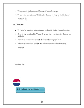  TO know distribution channel Strategy of Varun beverage.
 To know the importance of Distribution channel strategy in Positioning of
the Products.
Sub Objective:
 To know the company planning towards the distribution channel strategy.
 How strong relationship Varun Beverage has with the distributors and
retailers.
 Perception of consumer towards the Varun Beverage product.
 Perception of retailers towards the distribution channel of the Varun
Beverage.
Their aims are:
23
1. Drive Local Market Success1. Drive Local Market Success
 